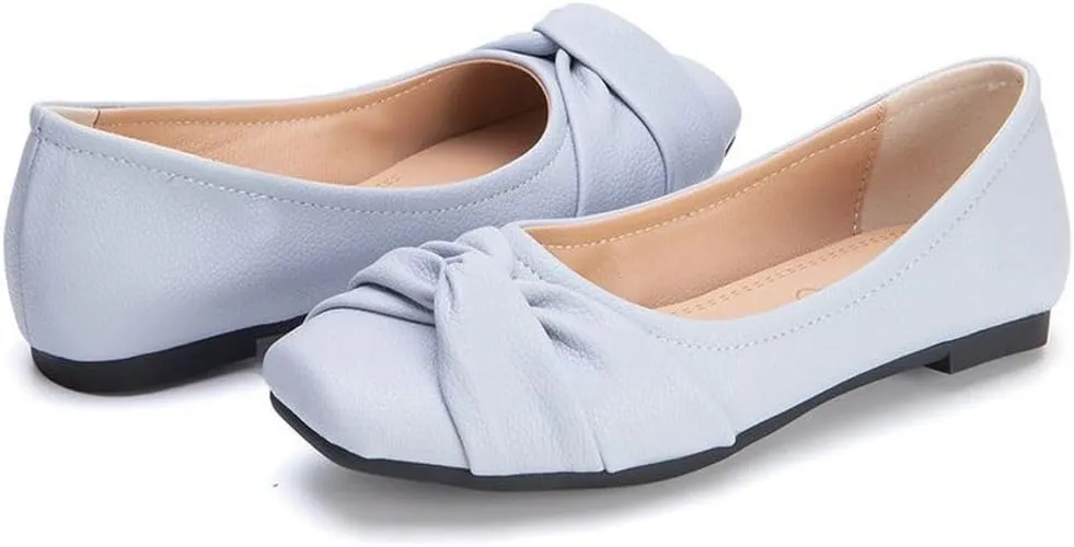 DINTAHA Womens Ballet Flat with Bow,Womens Square Toe Flats,Casual Slip On Work Flat Ballerina Shoes