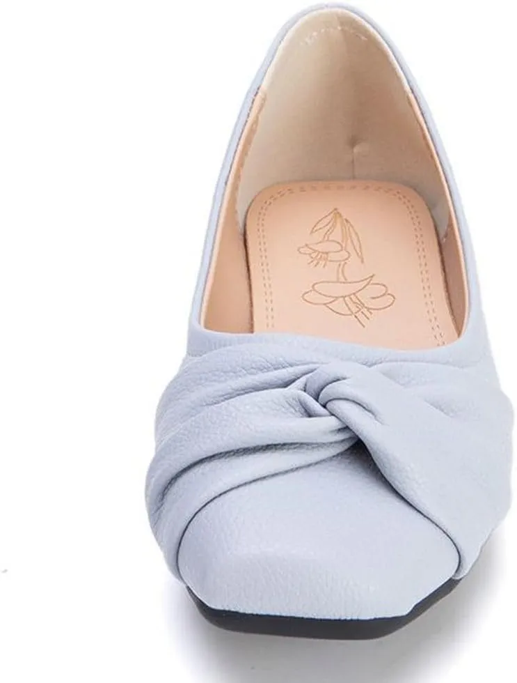 DINTAHA Womens Ballet Flat with Bow,Womens Square Toe Flats,Casual Slip On Work Flat Ballerina Shoes