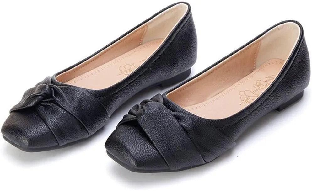 DINTAHA Womens Ballet Flat with Bow,Womens Square Toe Flats,Casual Slip On Work Flat Ballerina Shoes