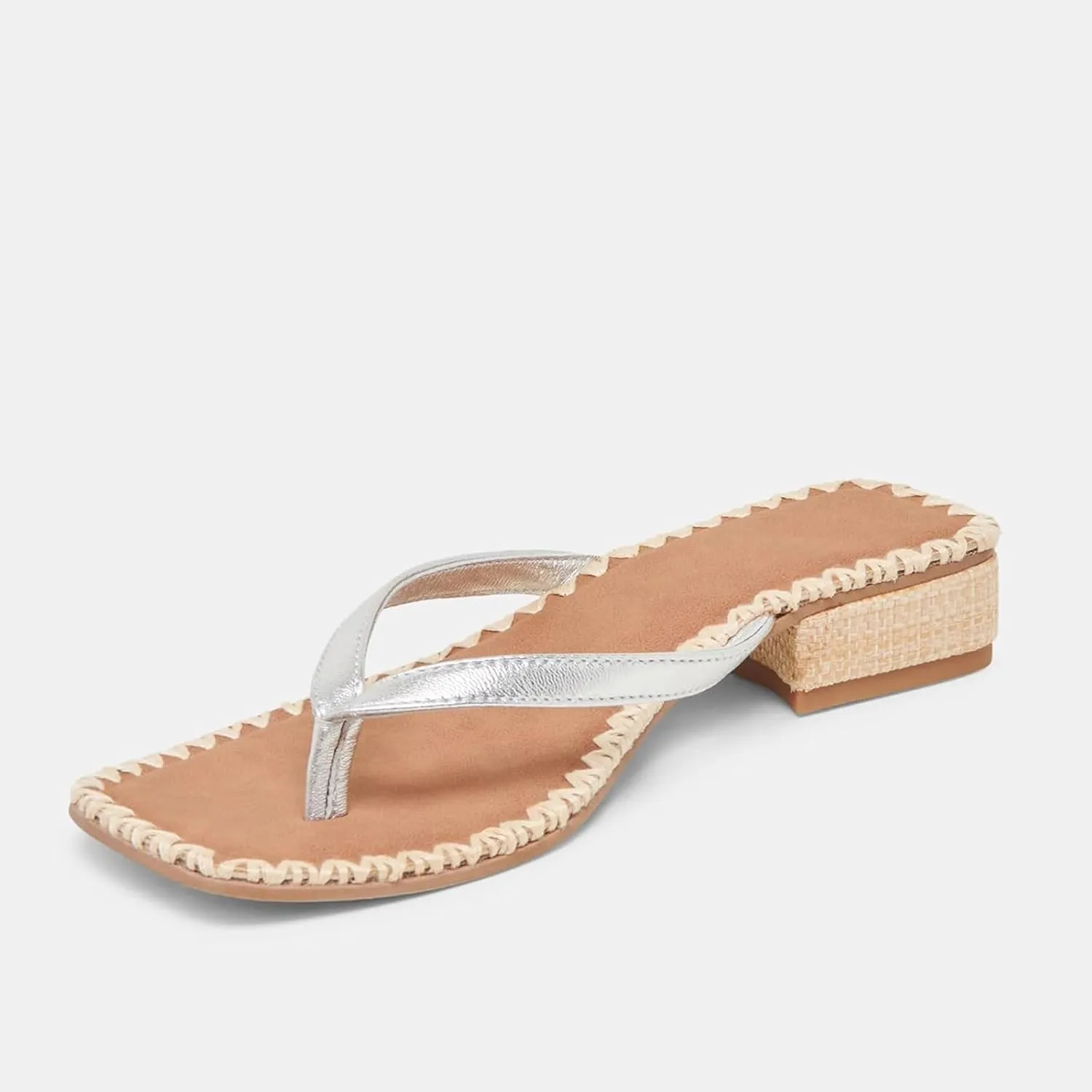 DOEYG Raffia Heels Sandals for Women Summer Beach Flip Flops Square Open Toe Flat Heeled Sandals Dressy Comfortable Slip on Thong Sandals