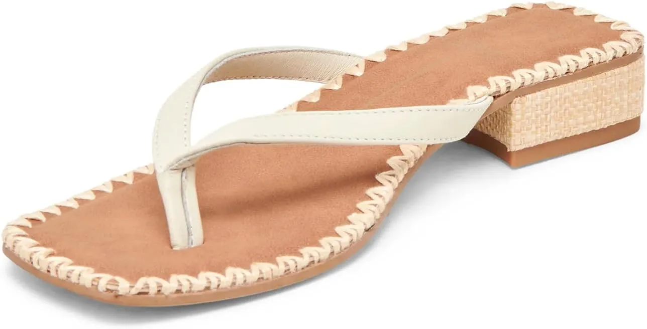 DOEYG Raffia Heels Sandals for Women Summer Beach Flip Flops Square Open Toe Flat Heeled Sandals Dressy Comfortable Slip on Thong Sandals