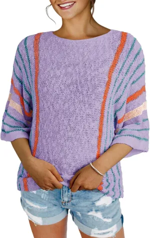 Dokotoo Womens 2025 Summer Casual Color Block Striped Lightweight Comfy Cable Knit Trendy Boho Clothes Pullover Sweaters