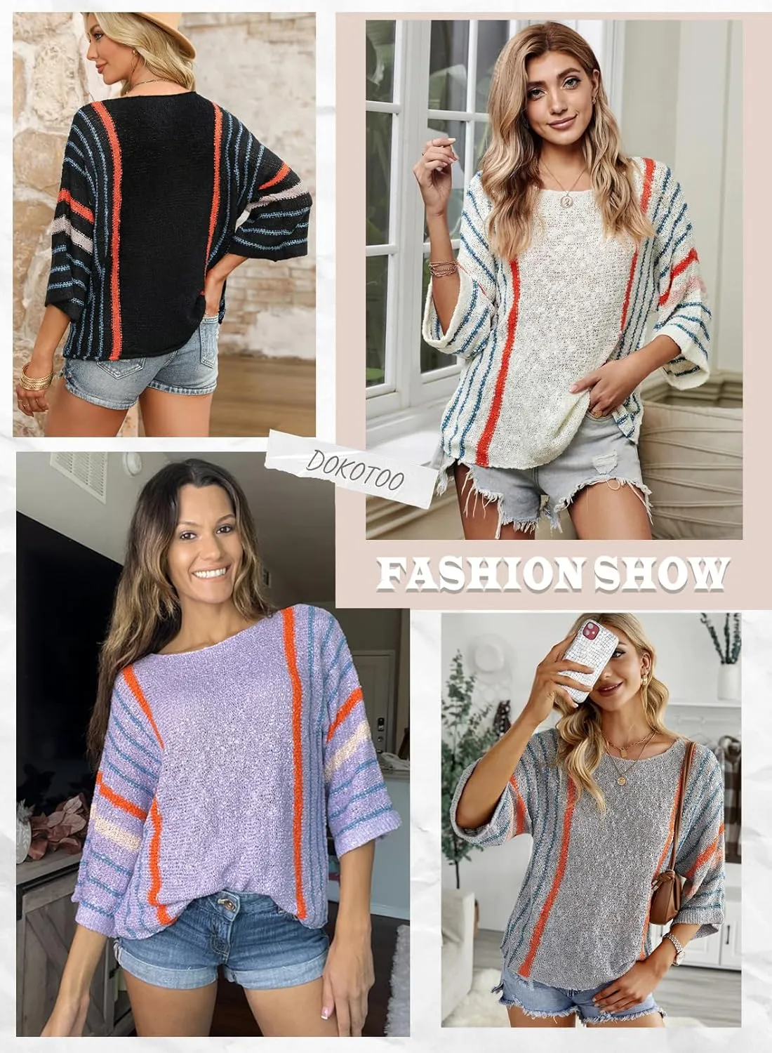 Dokotoo Womens 2025 Summer Casual Color Block Striped Lightweight Comfy Cable Knit Trendy Boho Clothes Pullover Sweaters