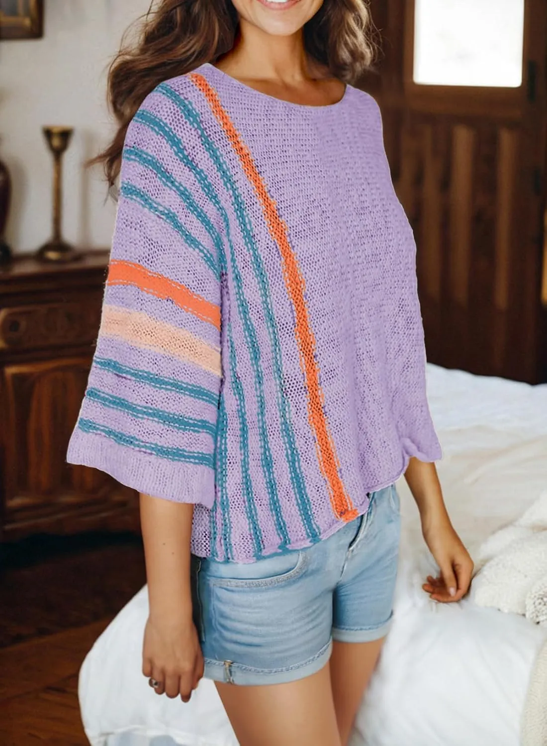 Dokotoo Womens 2025 Summer Casual Color Block Striped Lightweight Comfy Cable Knit Trendy Boho Clothes Pullover Sweaters