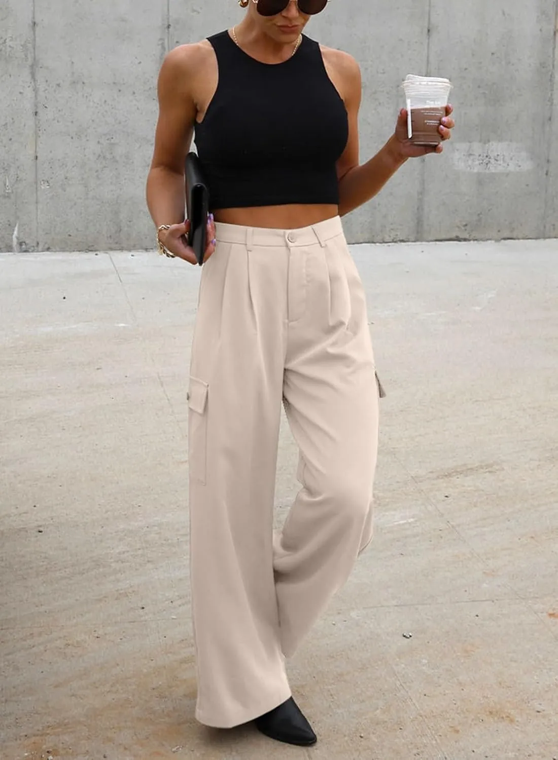 Dokotoo Womens High Waisted Wide Leg Cargo Pants Baggy Casual Trendy Work Pants with 4 Pockets