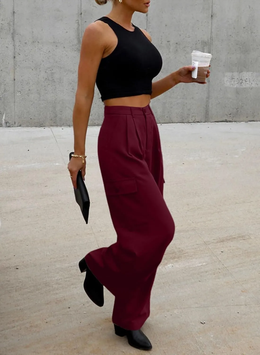 Dokotoo Womens High Waisted Wide Leg Cargo Pants Baggy Casual Trendy Work Pants with 4 Pockets