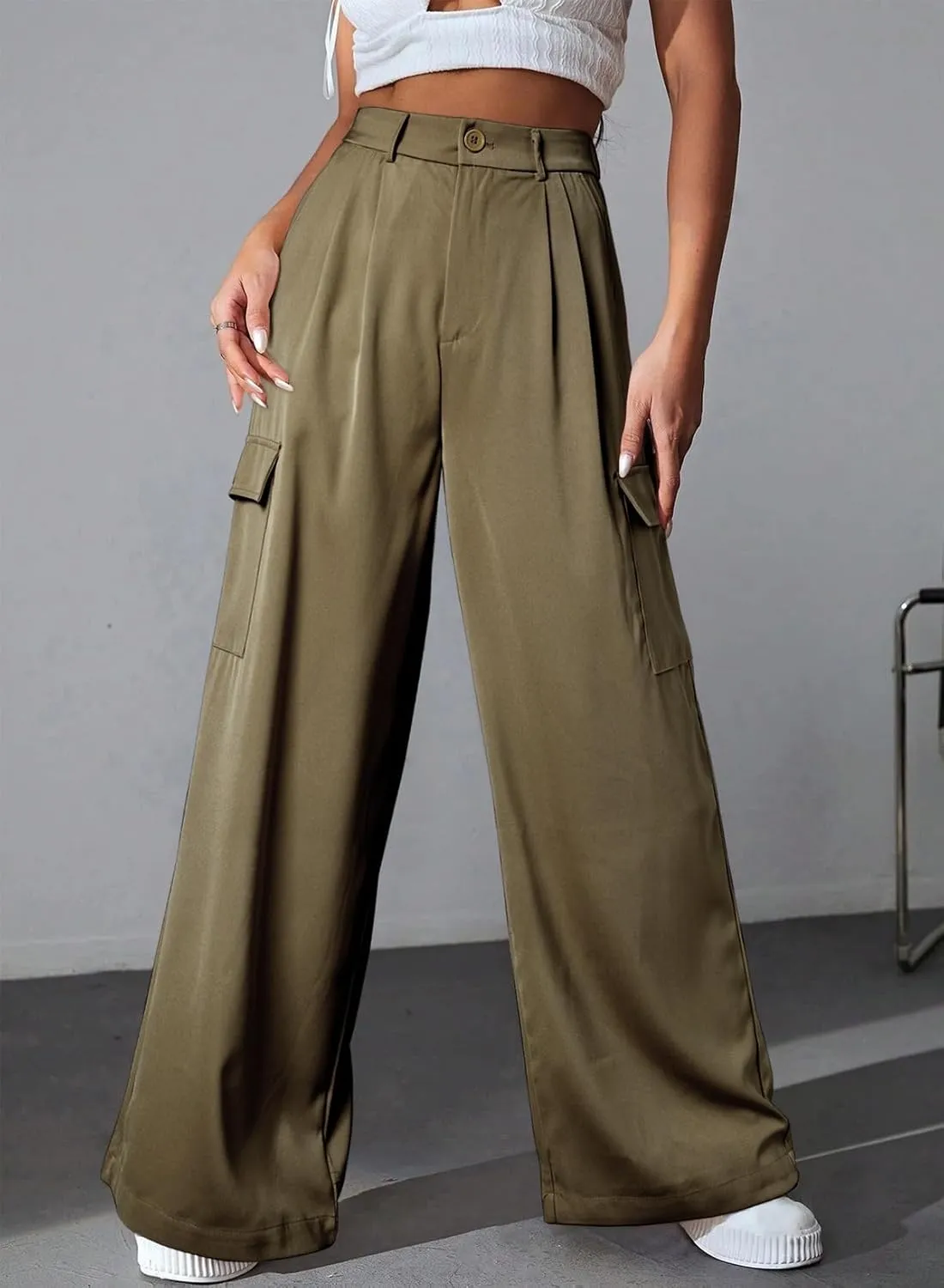 Dokotoo Womens High Waisted Wide Leg Cargo Pants Baggy Casual Trendy Work Pants with 4 Pockets