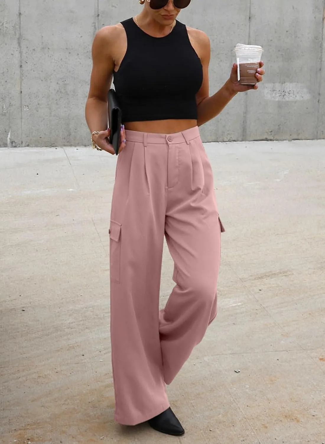 Dokotoo Womens High Waisted Wide Leg Cargo Pants Baggy Casual Trendy Work Pants with 4 Pockets