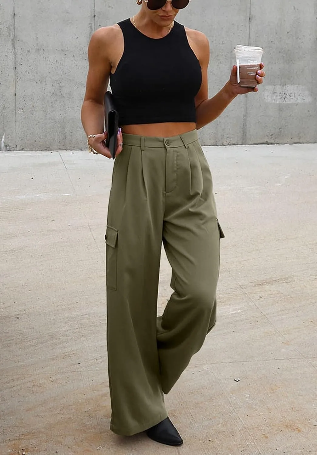 Dokotoo Womens High Waisted Wide Leg Cargo Pants Baggy Casual Trendy Work Pants with 4 Pockets