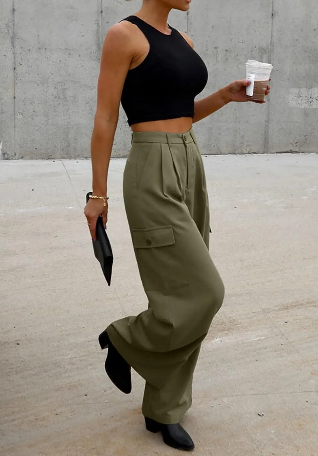 Dokotoo Womens High Waisted Wide Leg Cargo Pants Baggy Casual Trendy Work Pants with 4 Pockets