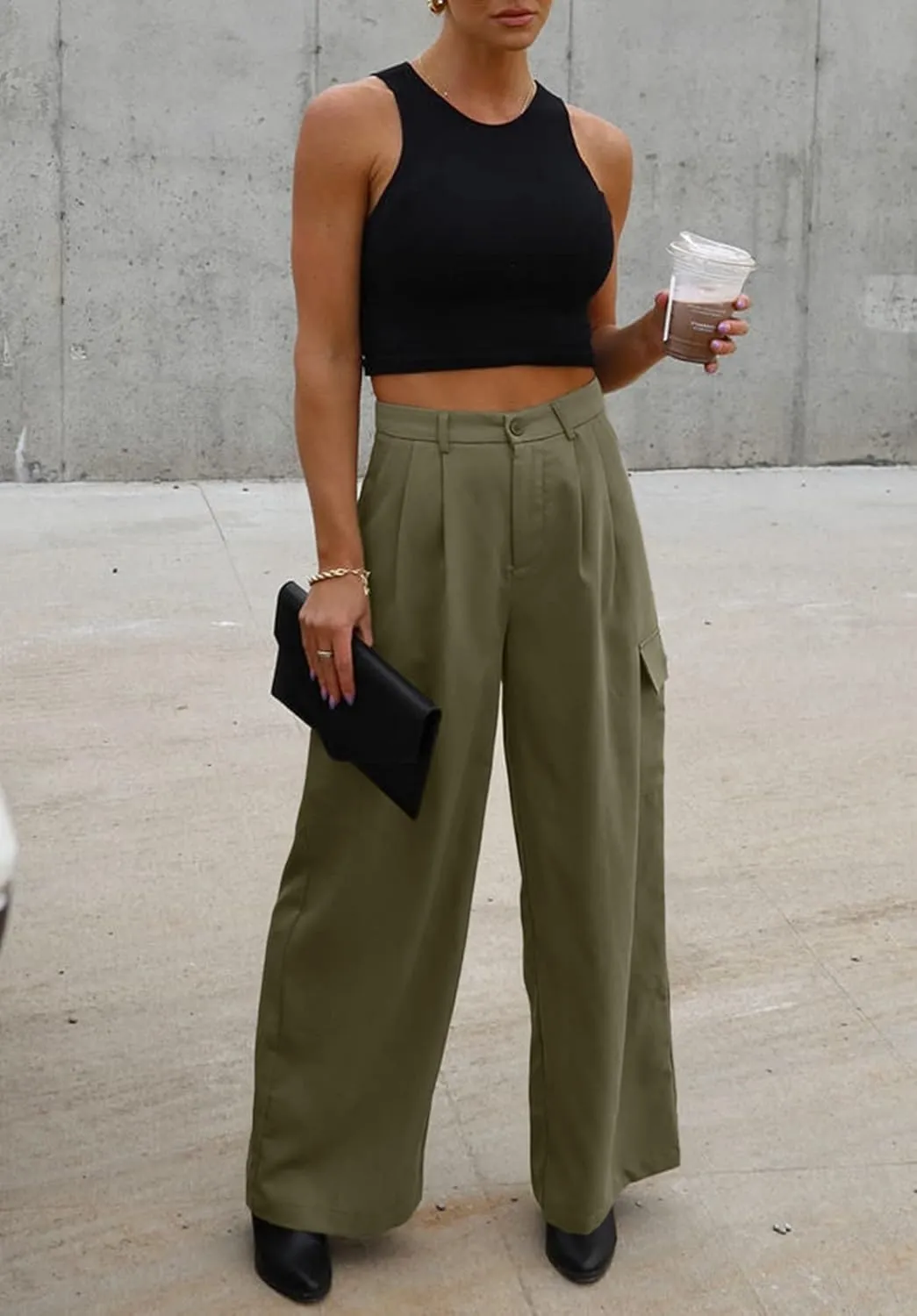 Dokotoo Womens High Waisted Wide Leg Cargo Pants Baggy Casual Trendy Work Pants with 4 Pockets