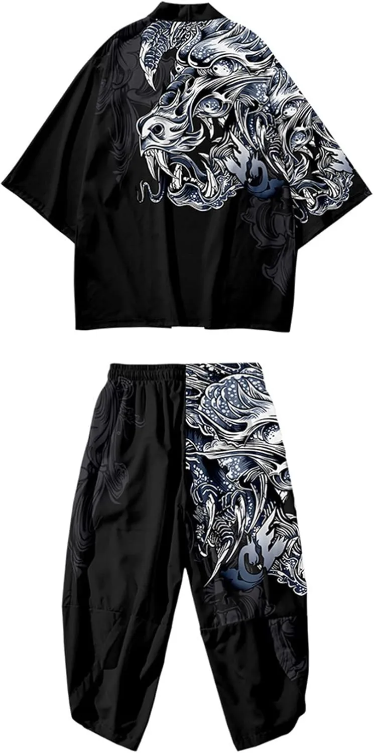 DOSLAVIDA Men's Japanese Kimono Jacket Set Stylish Open Front Coat With Shorts Chinese Style Printed Cardigan Suits