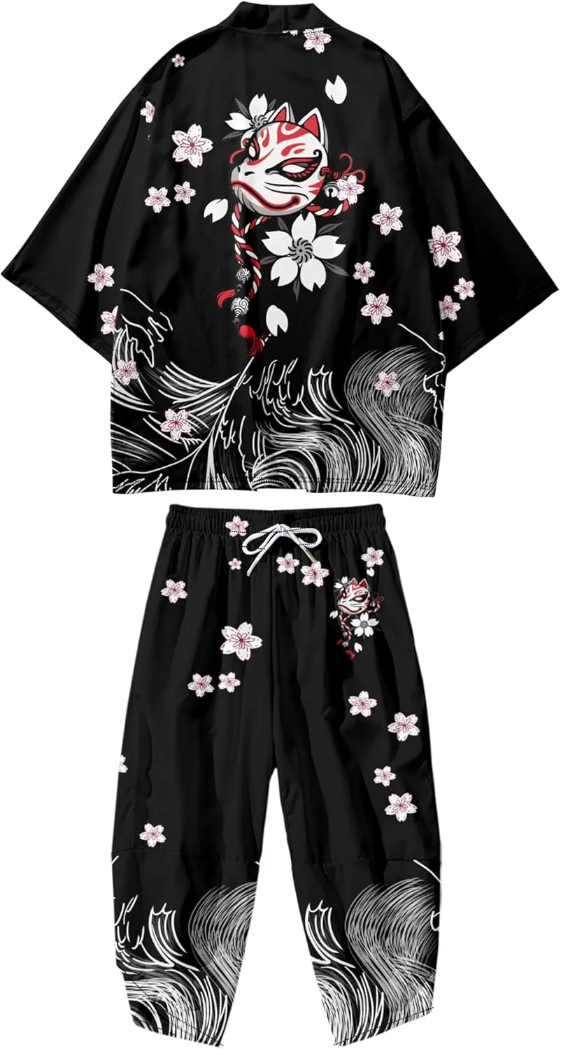 DOSLAVIDA Men's Japanese Kimono Jacket Set Stylish Open Front Coat With Shorts Chinese Style Printed Cardigan Suits