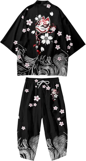 DOSLAVIDA Men's Japanese Kimono Jacket Set Stylish Open Front Coat With Shorts Chinese Style Printed Cardigan Suits