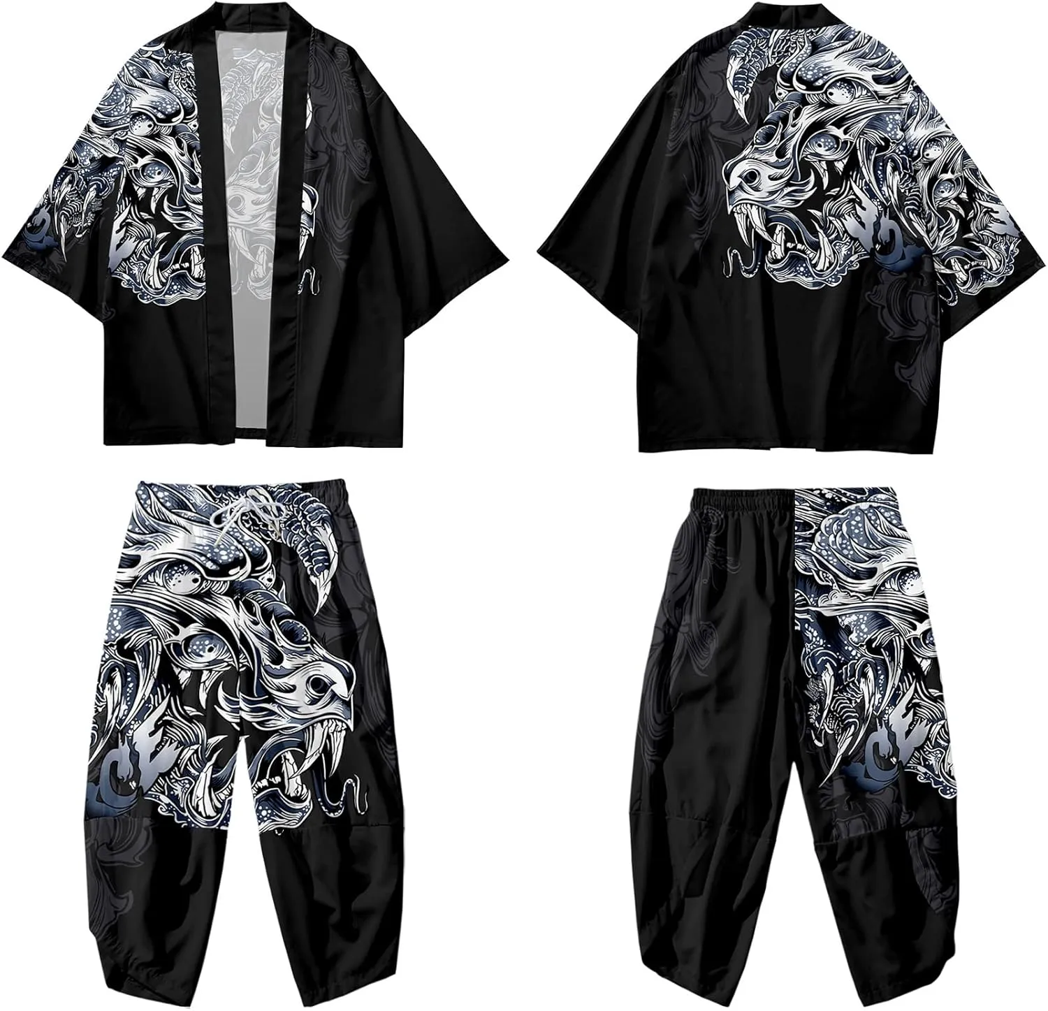 DOSLAVIDA Men's Japanese Kimono Jacket Set Stylish Open Front Coat With Shorts Chinese Style Printed Cardigan Suits