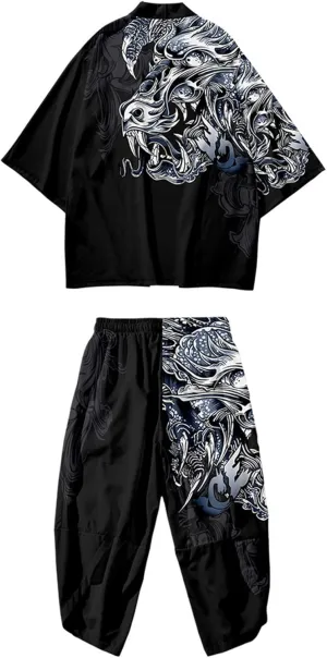 DOSLAVIDA Men's Japanese Kimono Jacket Set Stylish Open Front Coat With Shorts Chinese Style Printed Cardigan Suits