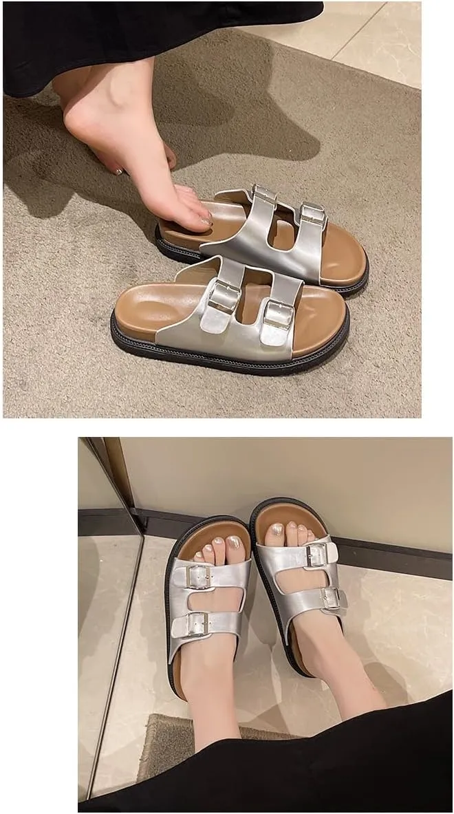 Double Buckle Belt Platform Sandals Corporate Goth Slides for Women Walking Shoes Comfortable Comfy Comfort Casual Cute Kawaii Fashion Trendy Shoes Beach Rave Summer Gifts