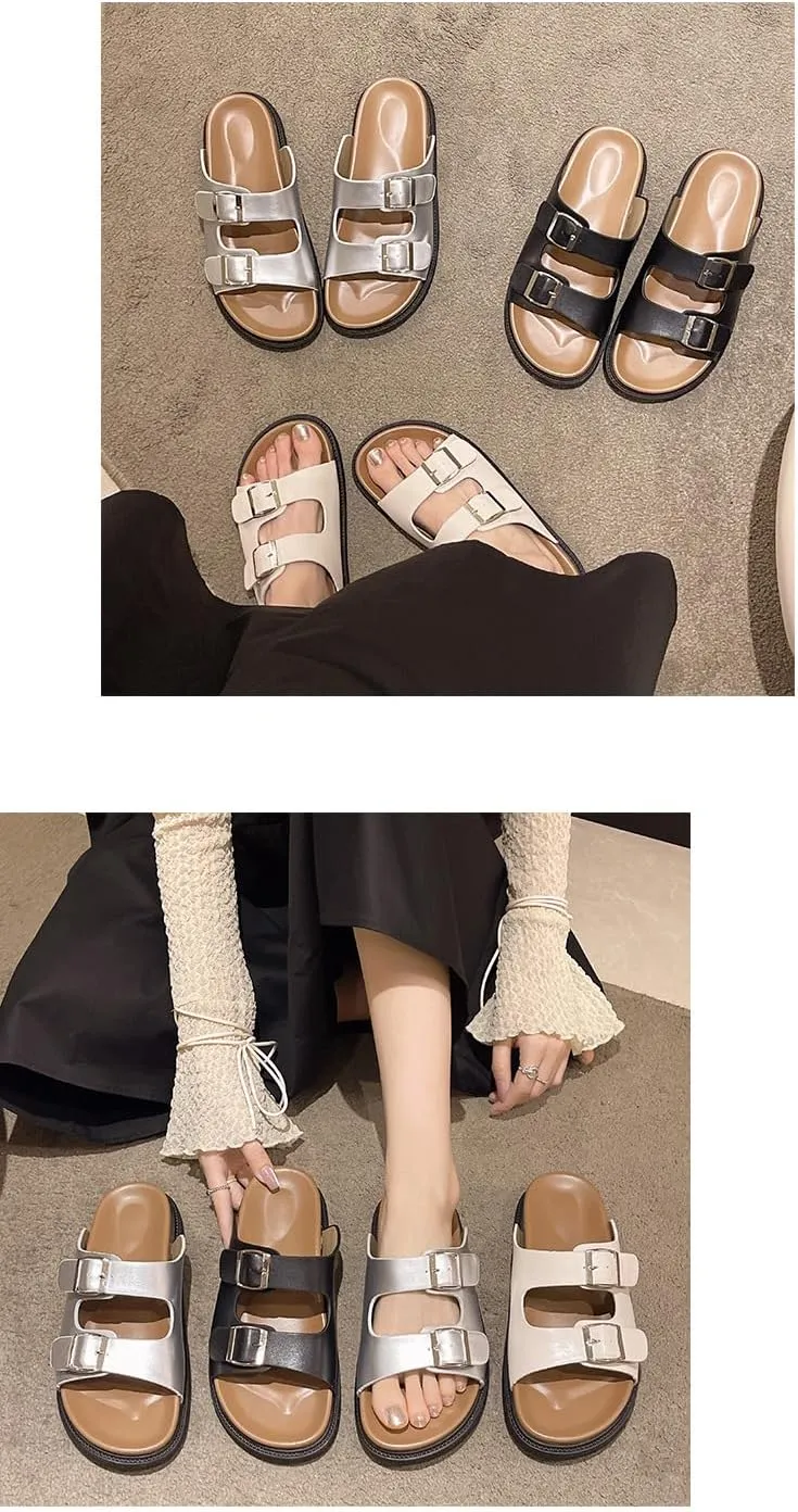 Double Buckle Belt Platform Sandals Corporate Goth Slides for Women Walking Shoes Comfortable Comfy Comfort Casual Cute Kawaii Fashion Trendy Shoes Beach Rave Summer Gifts