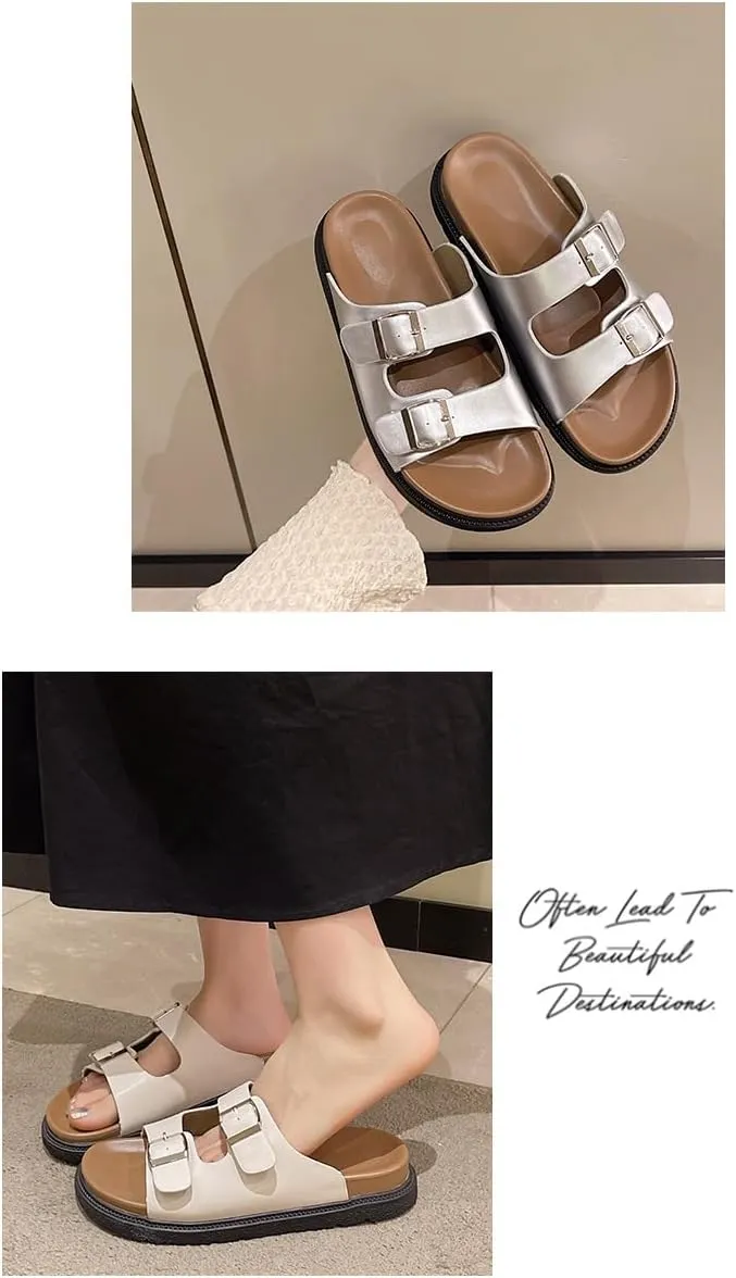 Double Buckle Belt Platform Sandals Corporate Goth Slides for Women Walking Shoes Comfortable Comfy Comfort Casual Cute Kawaii Fashion Trendy Shoes Beach Rave Summer Gifts