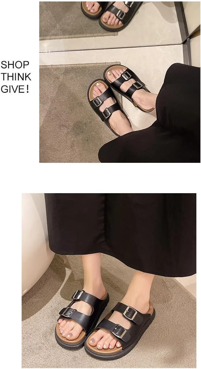 Double Buckle Belt Platform Sandals Corporate Goth Slides for Women Walking Shoes Comfortable Comfy Comfort Casual Cute Kawaii Fashion Trendy Shoes Beach Rave Summer Gifts
