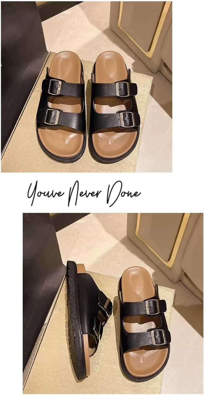 Double Buckle Belt Platform Sandals Corporate Goth Slides for Women Walking Shoes Comfortable Comfy Comfort Casual Cute Kawaii Fashion Trendy Shoes Beach Rave Summer Gifts