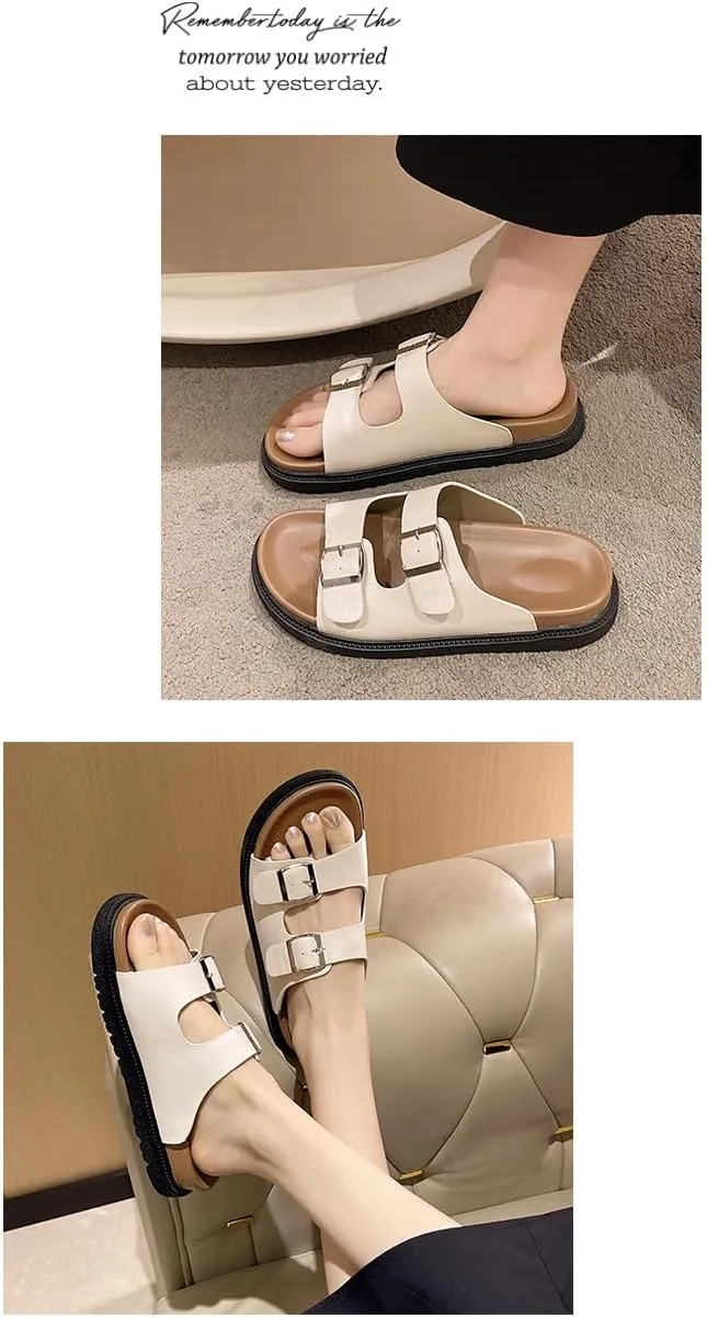 Double Buckle Belt Platform Sandals Corporate Goth Slides for Women Walking Shoes Comfortable Comfy Comfort Casual Cute Kawaii Fashion Trendy Shoes Beach Rave Summer Gifts