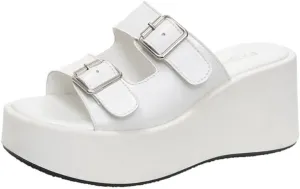 Double Buckle Belt Platform Sandals Wedge Slides for Women Corporate Goth Comfortable Comfy Comfort Casual Cute Kawaii Fashion Trendy Shoes Beach Rave Summer