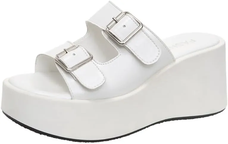 Double Buckle Belt Platform Sandals Wedge Slides for Women Corporate Goth Comfortable Comfy Comfort Casual Cute Kawaii Fashion Trendy Shoes Beach Rave Summer