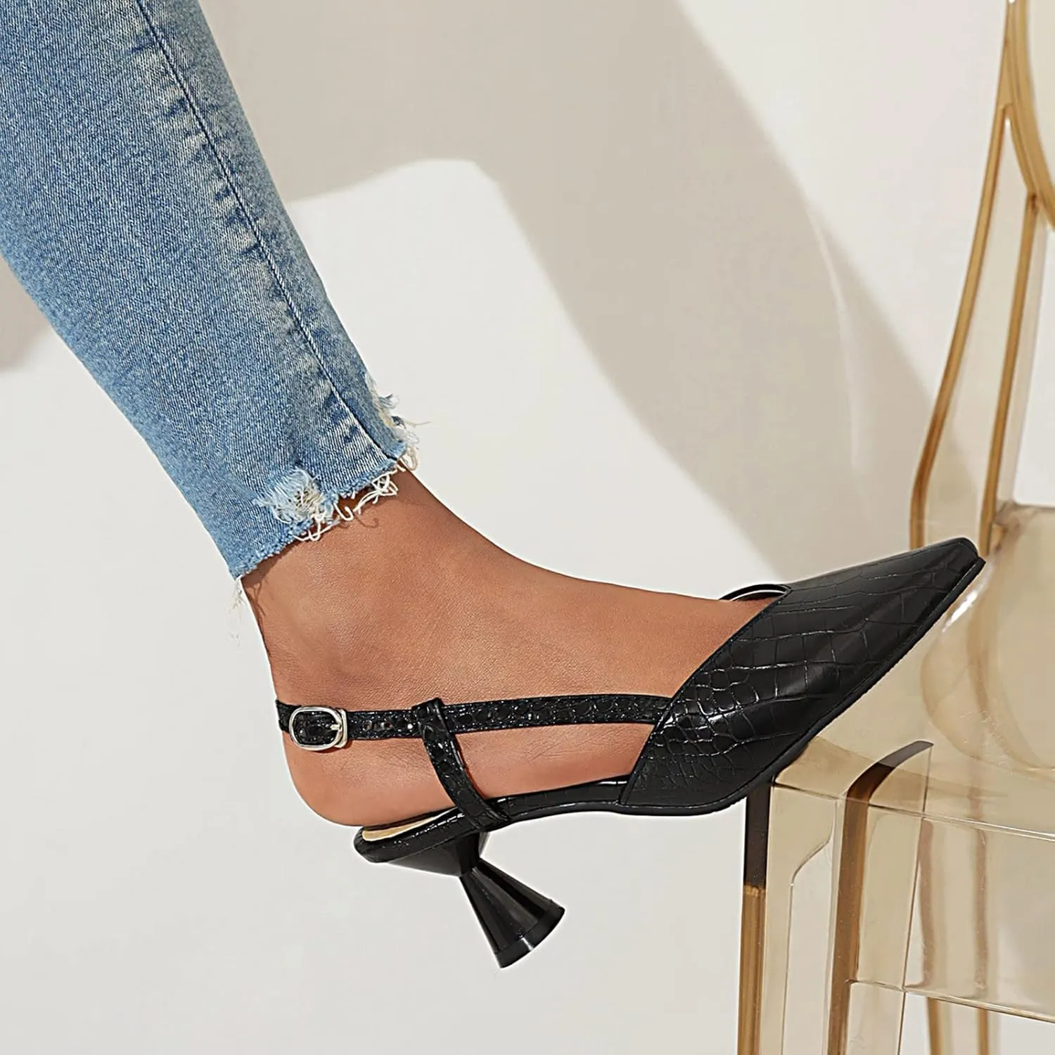 Dress Sandals for Women Stylish Black Slingback Heeled Sandals with Crocodile Texture Chic High Heels for Parties