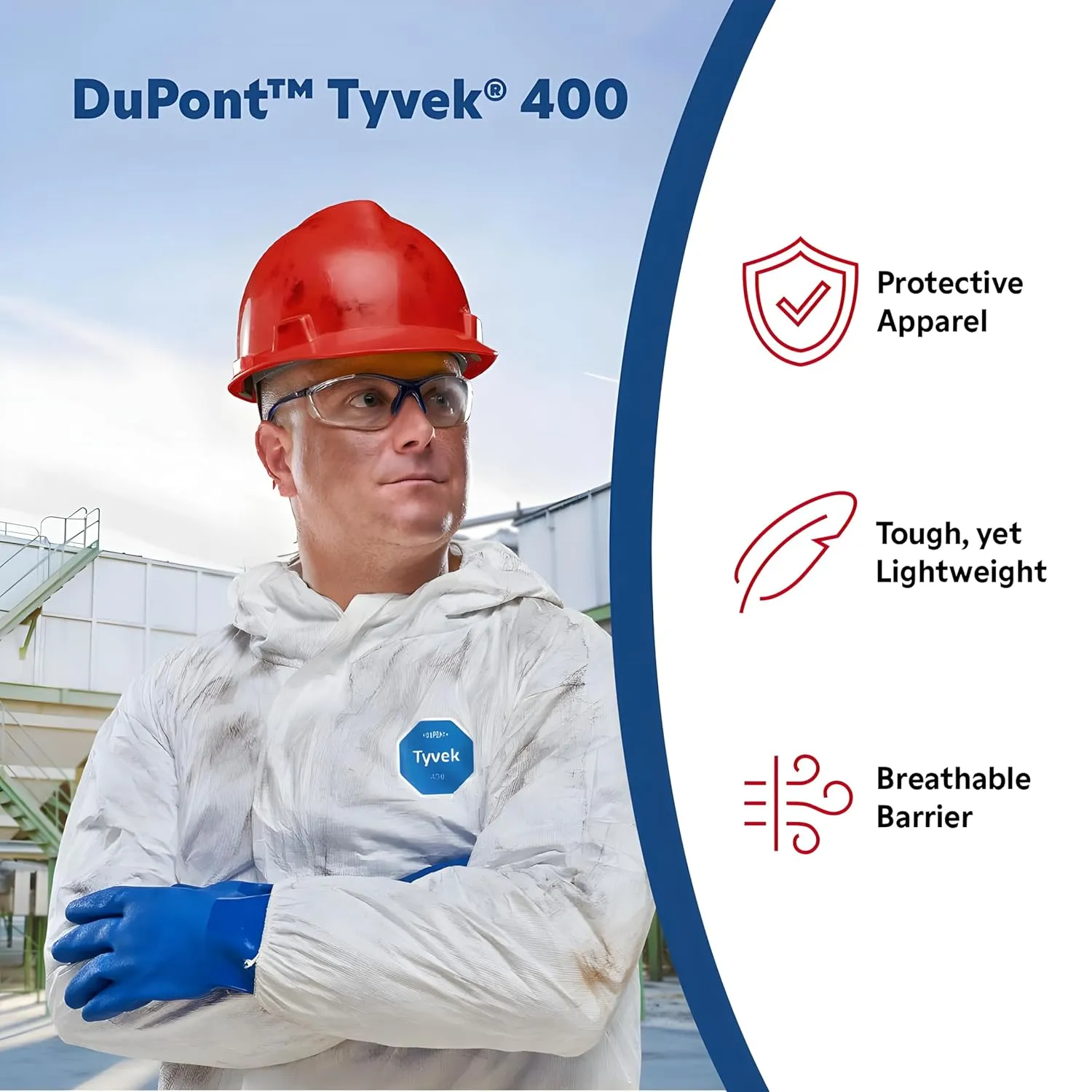 DuPont Tyvek 400 TY212S Disposable Lab Coat with Open Cuff, White, Large (Pack of 30)