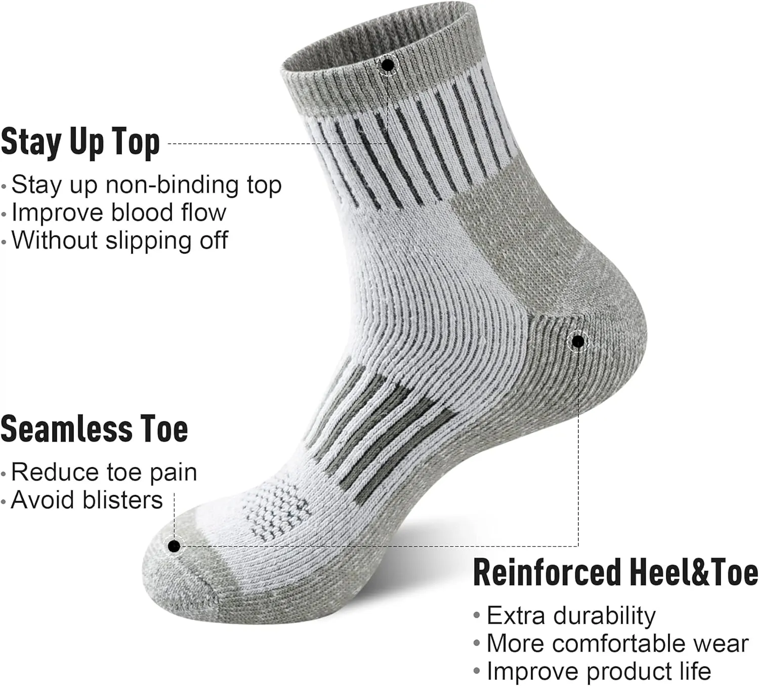 ECOEY Men's Merino Wool Cushioned Hiking Trekking Socks 4 Pairs, Quarter Length with Moisture Wicking