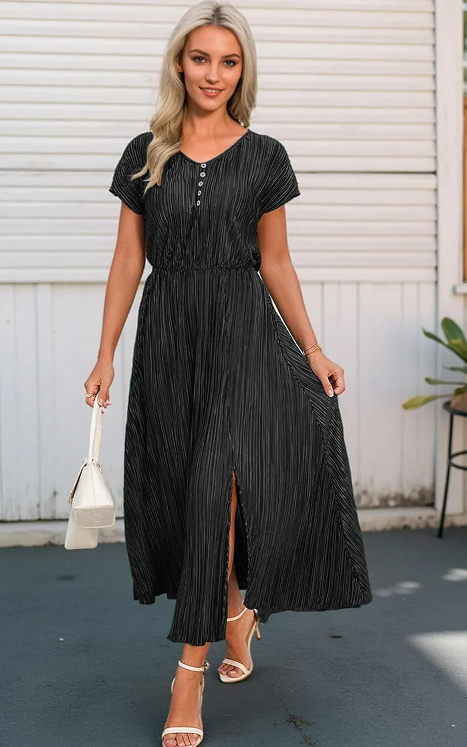 ECOWISH Summer Maxi Dress Women Cocktail Formal Wedding Guest Long Short Sleeve Pleated Dresses Empire Waist Crew Neck Slit