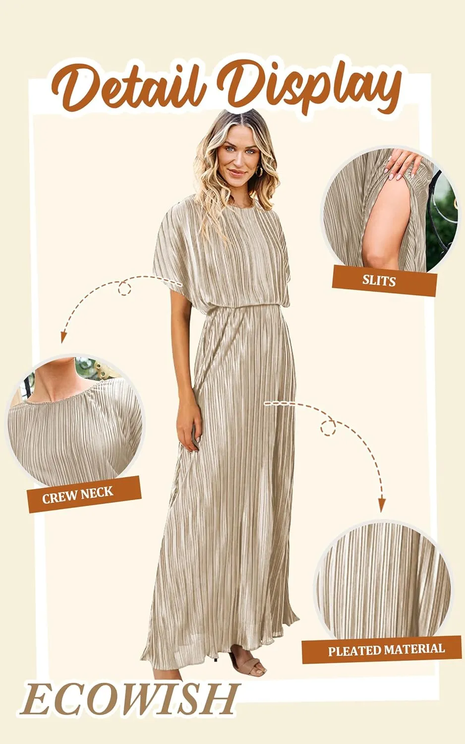 ECOWISH Summer Maxi Dress Women Cocktail Formal Wedding Guest Long Short Sleeve Pleated Dresses Empire Waist Crew Neck Slit