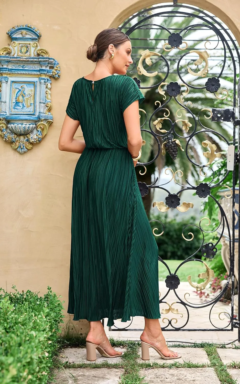ECOWISH Summer Maxi Dress Women Cocktail Formal Wedding Guest Long Short Sleeve Pleated Dresses Empire Waist Crew Neck Slit