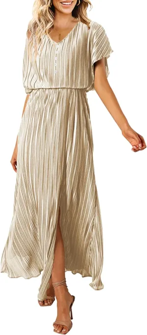 ECOWISH Summer Maxi Dress Women Cocktail Formal Wedding Guest Long Short Sleeve Pleated Dresses Empire Waist Crew Neck Slit