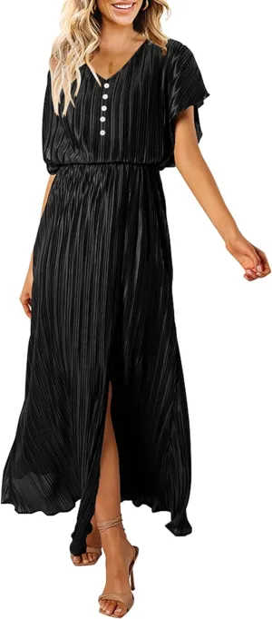 ECOWISH Summer Maxi Dress Women Cocktail Formal Wedding Guest Long Short Sleeve Pleated Dresses Empire Waist Crew Neck Slit