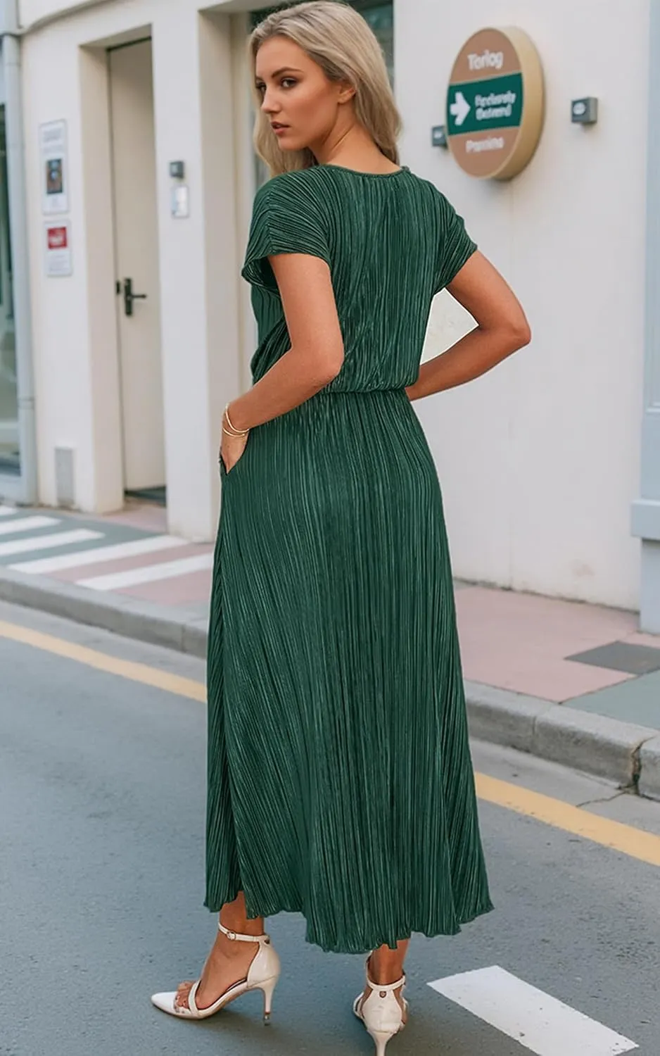 ECOWISH Summer Maxi Dress Women Cocktail Formal Wedding Guest Long Short Sleeve Pleated Dresses Empire Waist Crew Neck Slit