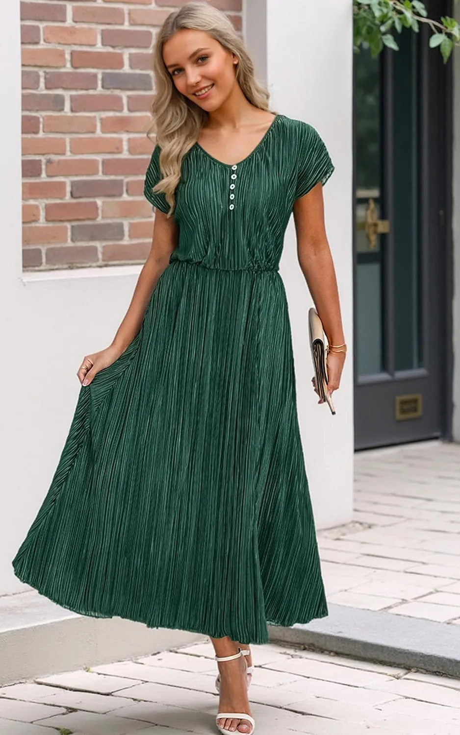 ECOWISH Summer Maxi Dress Women Cocktail Formal Wedding Guest Long Short Sleeve Pleated Dresses Empire Waist Crew Neck Slit