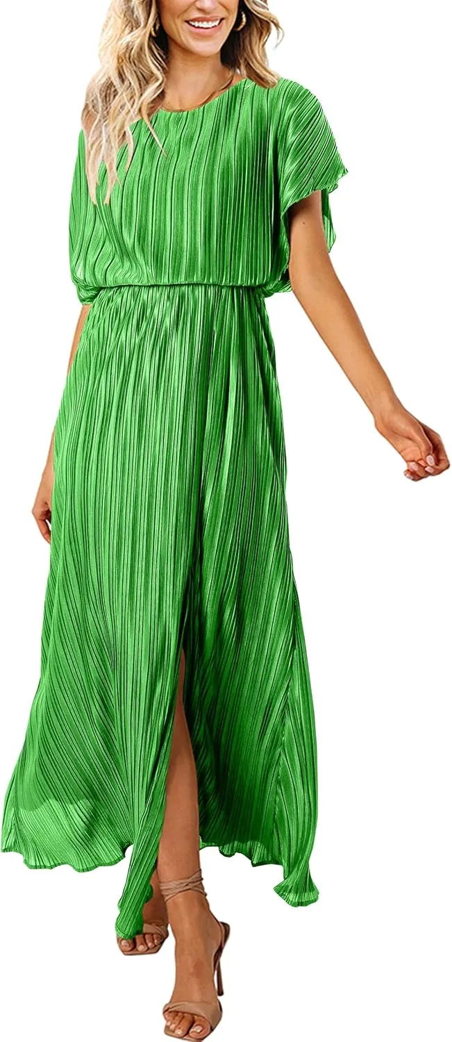 ECOWISH Summer Maxi Dress Women Cocktail Formal Wedding Guest Long Short Sleeve Pleated Dresses Empire Waist Crew Neck Slit