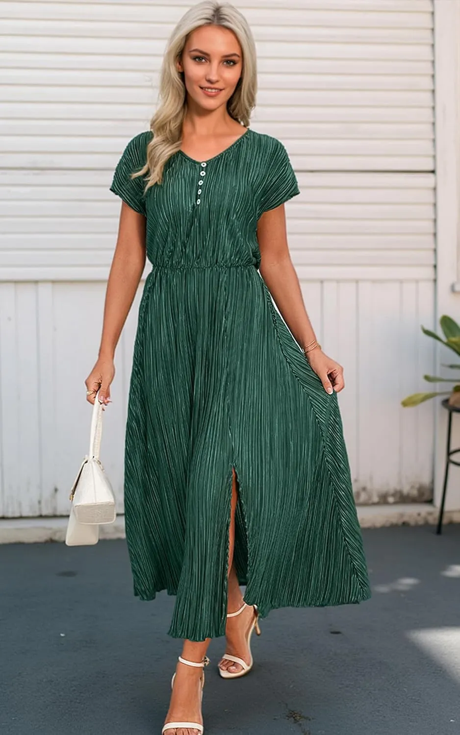 ECOWISH Summer Maxi Dress Women Cocktail Formal Wedding Guest Long Short Sleeve Pleated Dresses Empire Waist Crew Neck Slit