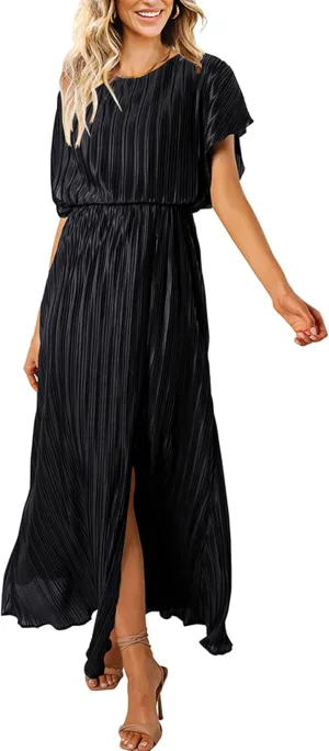 ECOWISH Summer Maxi Dress Women Cocktail Formal Wedding Guest Long Short Sleeve Pleated Dresses Empire Waist Crew Neck Slit