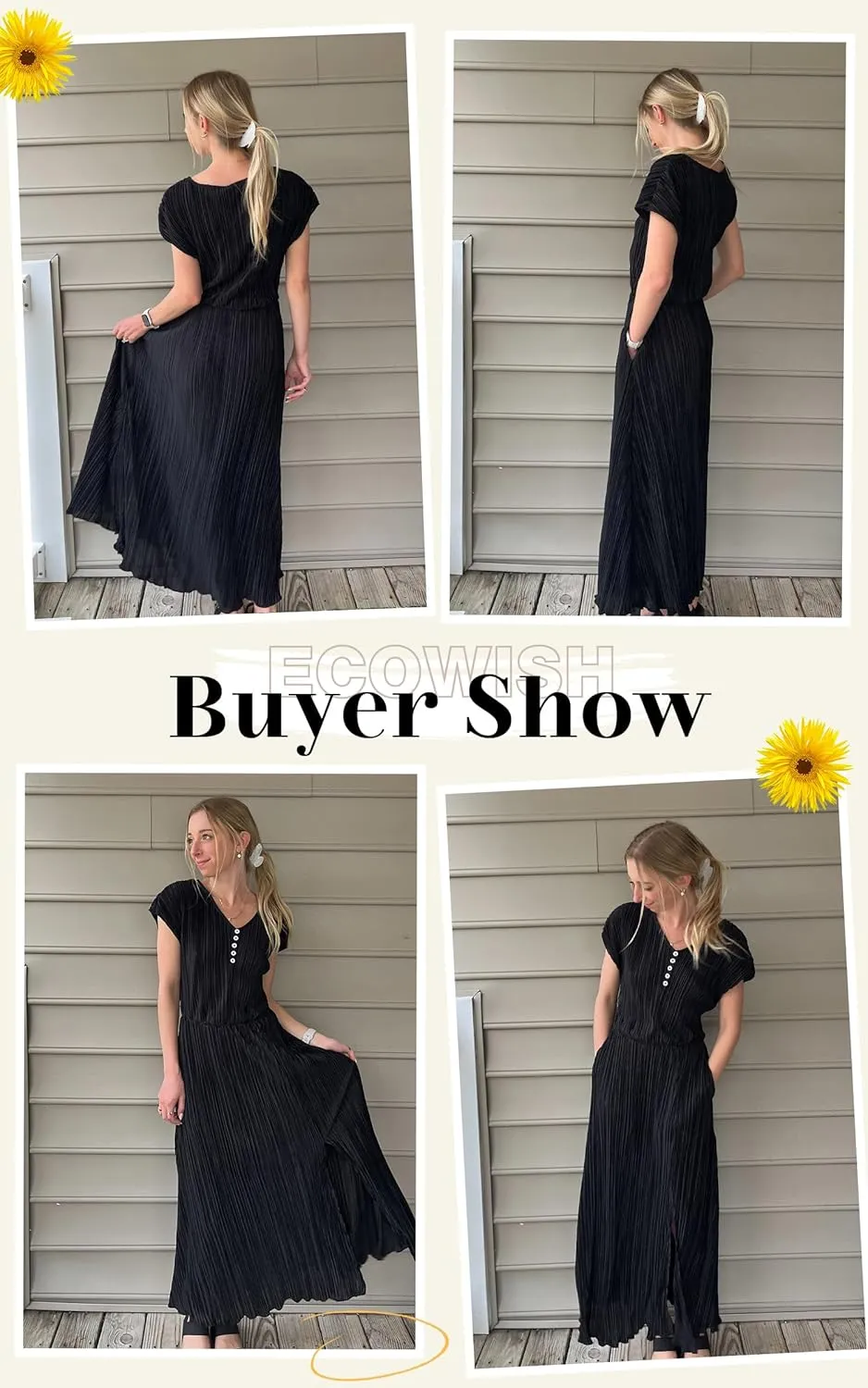 ECOWISH Summer Maxi Dress Women Cocktail Formal Wedding Guest Long Short Sleeve Pleated Dresses Empire Waist Crew Neck Slit