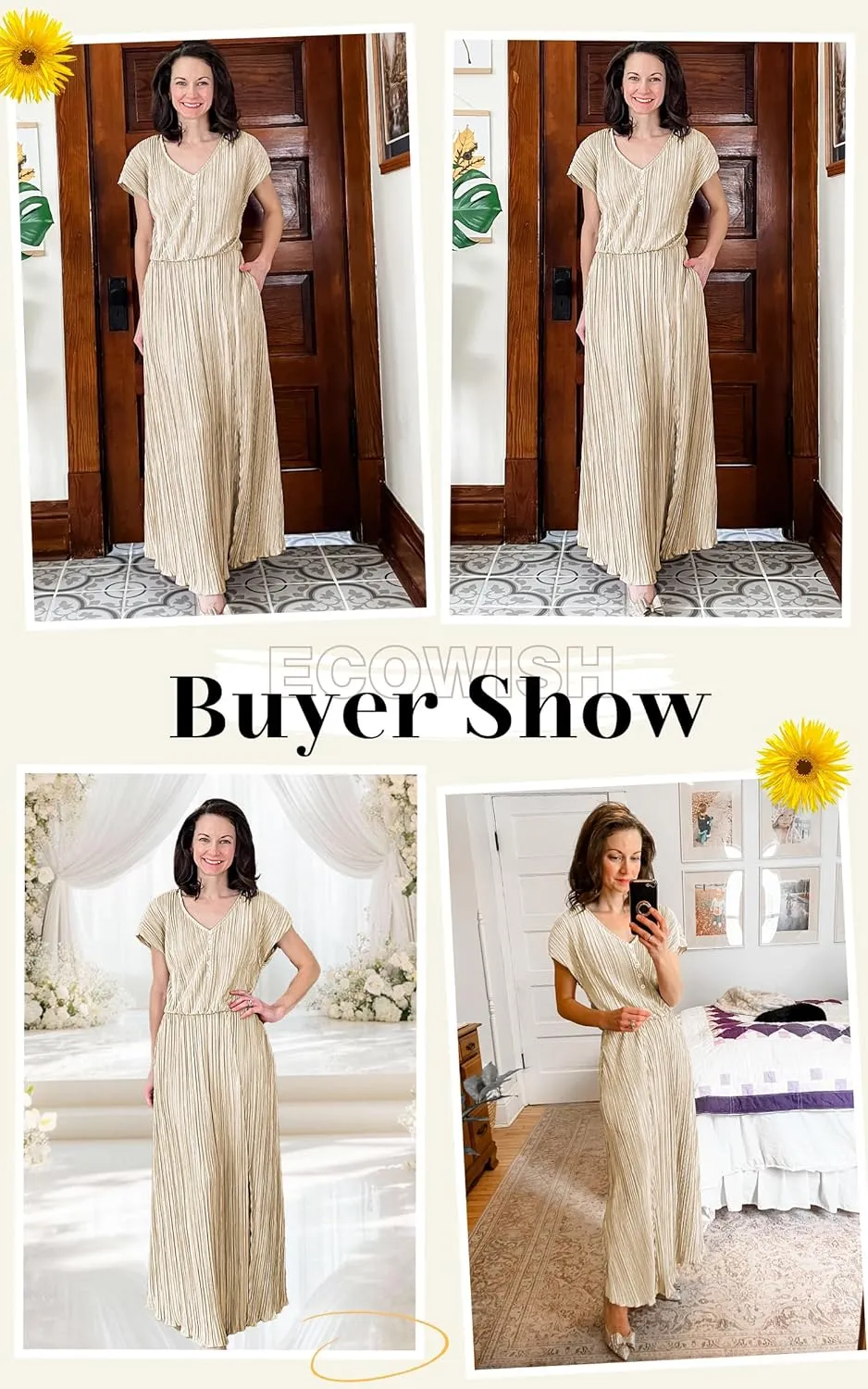 ECOWISH Summer Maxi Dress Women Cocktail Formal Wedding Guest Long Short Sleeve Pleated Dresses Empire Waist Crew Neck Slit