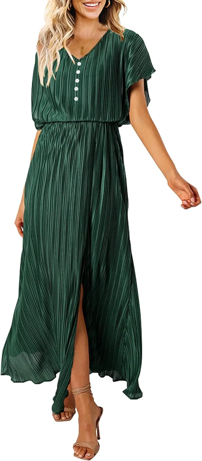 ECOWISH Summer Maxi Dress Women Cocktail Formal Wedding Guest Long Short Sleeve Pleated Dresses Empire Waist Crew Neck Slit