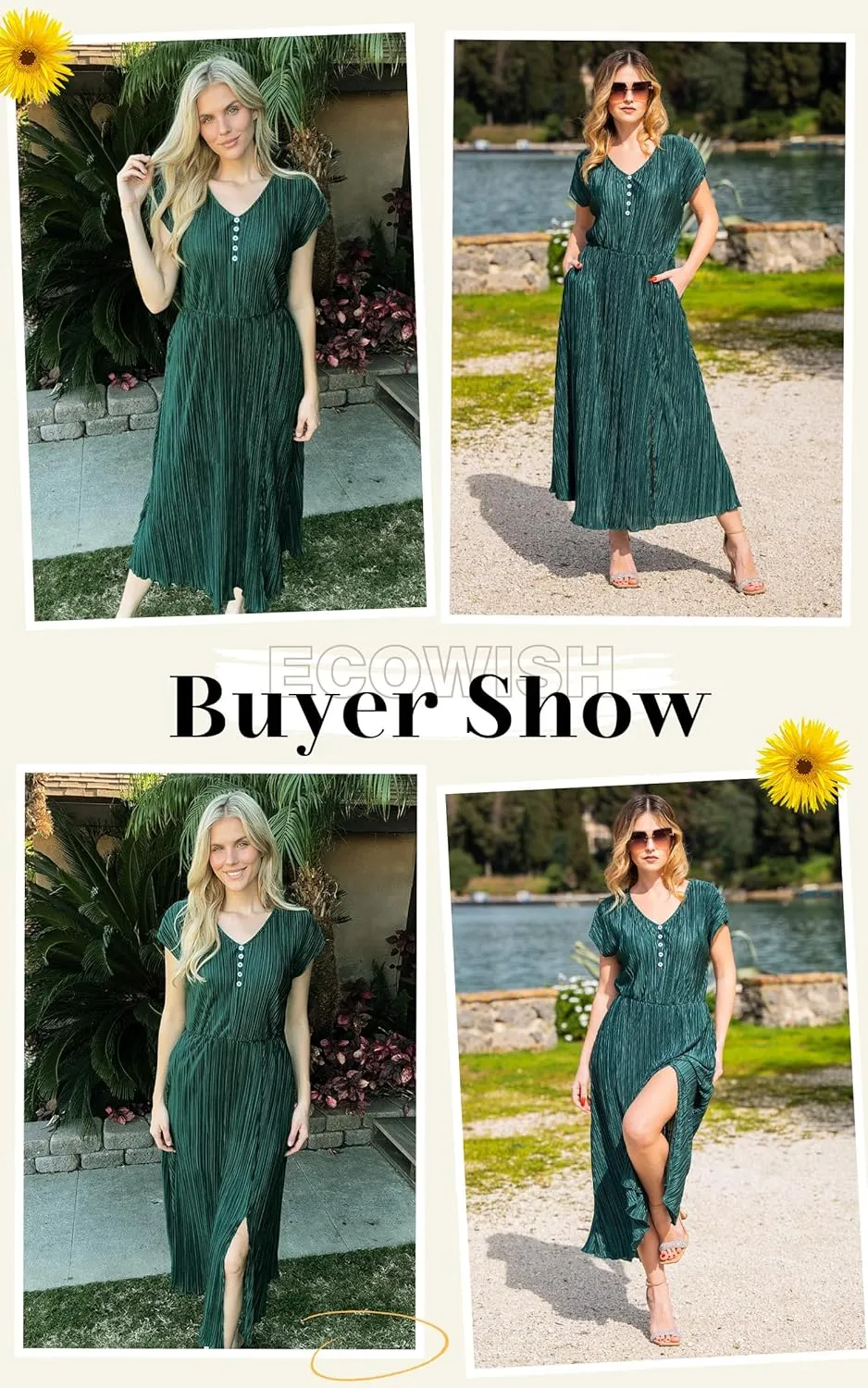 ECOWISH Summer Maxi Dress Women Cocktail Formal Wedding Guest Long Short Sleeve Pleated Dresses Empire Waist Crew Neck Slit