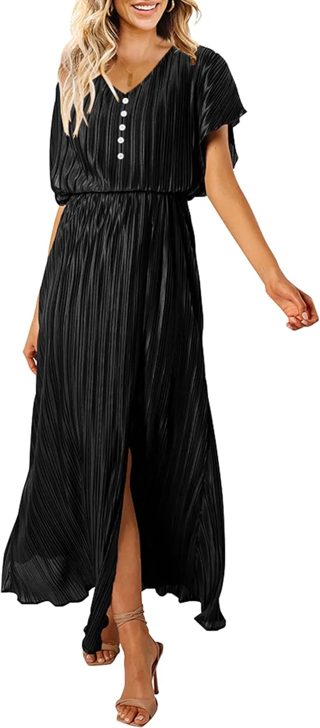 ECOWISH Summer Maxi Dress Women Cocktail Formal Wedding Guest Long Short Sleeve Pleated Dresses Empire Waist Crew Neck Slit