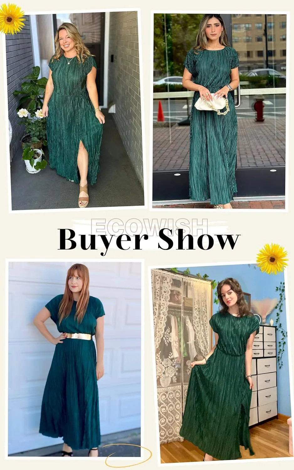 ECOWISH Summer Maxi Dress Women Cocktail Formal Wedding Guest Long Short Sleeve Pleated Dresses Empire Waist Crew Neck Slit