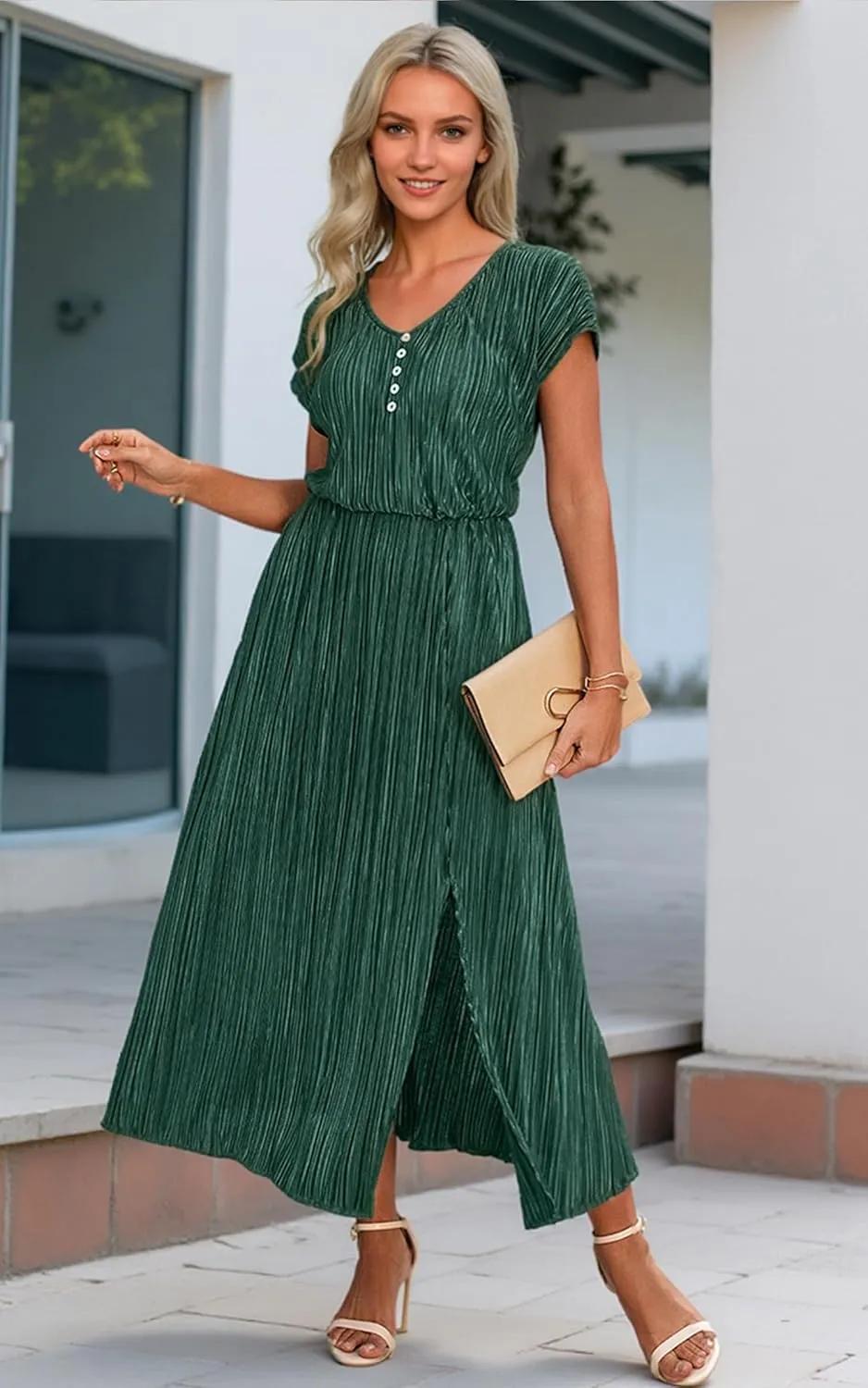 ECOWISH Summer Maxi Dress Women Cocktail Formal Wedding Guest Long Short Sleeve Pleated Dresses Empire Waist Crew Neck Slit