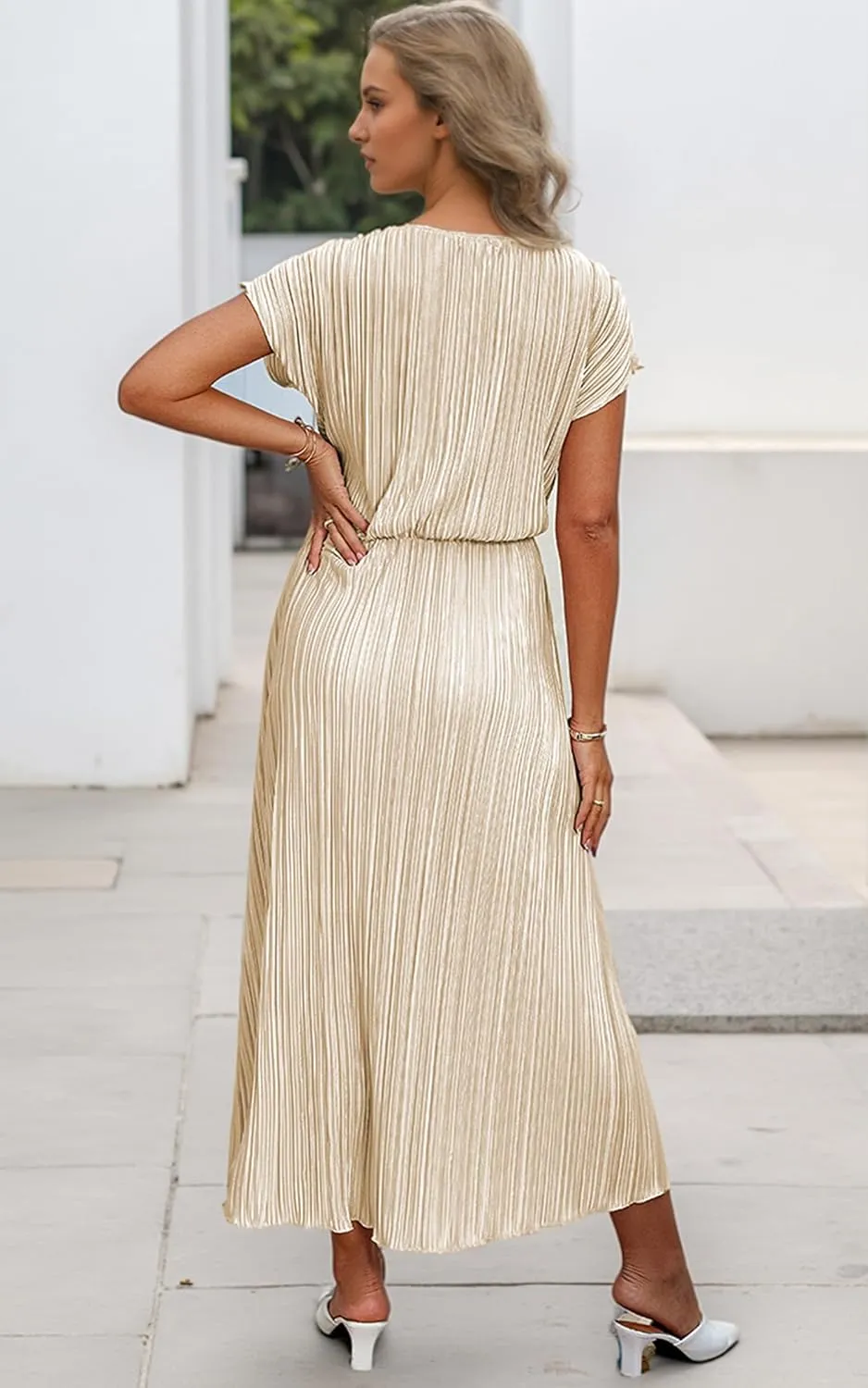 ECOWISH Summer Maxi Dress Women Cocktail Formal Wedding Guest Long Short Sleeve Pleated Dresses Empire Waist Crew Neck Slit