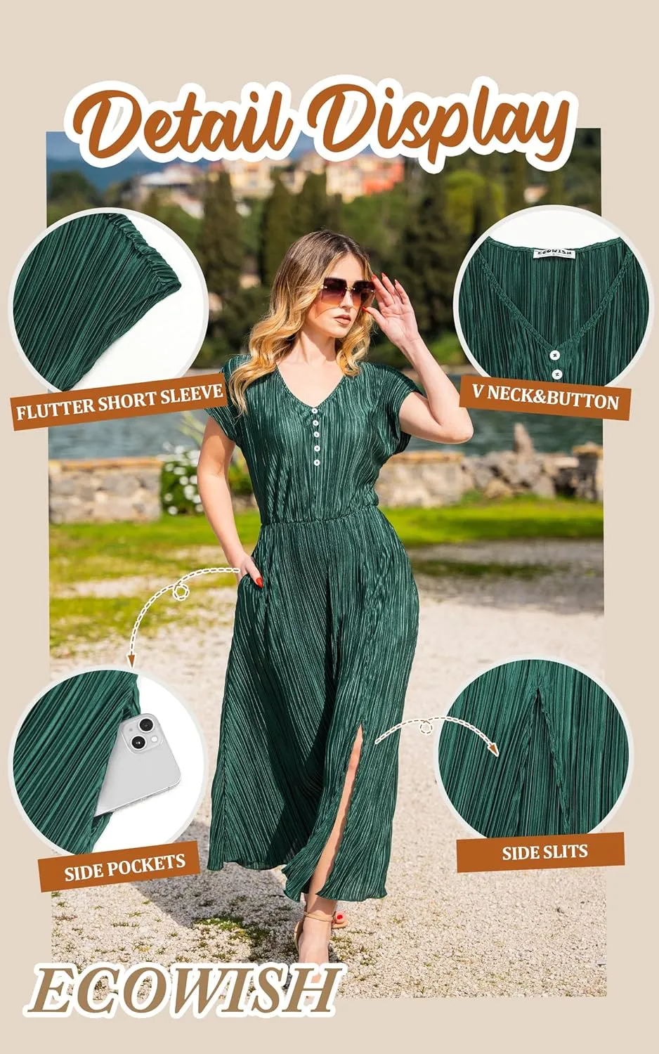 ECOWISH Summer Maxi Dress Women Cocktail Formal Wedding Guest Long Short Sleeve Pleated Dresses Empire Waist Crew Neck Slit